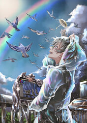  animal bird black_hair blue_bird blue_jay cloud coat cowboy_shot dark_clouds drawing_tablet female fence grey_hair hair_between_eyes highres holding long_sleeves looking_up mouse_(animal) mouse_on_head multicolored_eyes onikoroshi_(koderasinji) open_mouth original outdoors railing rain rainbow rainbow_gradient raincoat see-through see-through_coat short_hair sky solo standing stylus teeth tree umbrella upper_teeth_only waving wet wet_clothes wooden_fence 