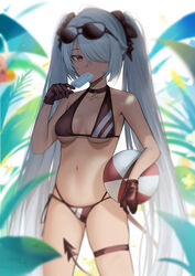  2r-_(pixiv8168114) absurdres ball bare_shoulders beachball bikini black_bikini black_choker black_ribbon blue_archive breasts brown_gloves choker collarbone commentary dark-skinned_female dark_skin demon_tail eating eyewear_on_head female food gloves grey_hair hair_over_one_eye highres holding holding_ball holding_food iori_(blue_archive) iori_(swimsuit)_(blue_archive) long_hair looking_at_viewer medium_breasts multi-strapped_bikini_bottom navel plant pointy_ears popsicle red_eyes ribbon side-tie_bikini_bottom simple_background solo standing stomach sunglasses swimsuit tail thigh_strap twintails underboob very_long_hair white_background 