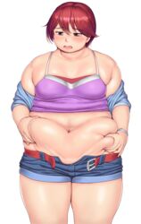  bare_shoulders belly_grab belt belt_buckle blush breasts buckle commentary_request commission cowboy_shot denim denim_shorts digimon digimon_savers facing_viewer female fujieda_yoshino highres looking_down midriff navel off_shoulder open_belt open_mouth orizen pixiv_commission plump red_eyes red_hair shirt short_hair shorts simple_background solo swept_bangs thick_arms thick_thighs thighs white_background wristband 