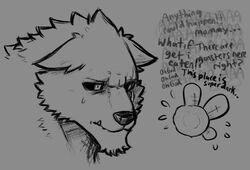  amber_eyes ambiguous_gender anthro bodily_fluids canid canine canis dark_sclera duo dynogreeno ears_down english_text fairy fangs male mammal monochrome pained_expression pivoted_ears sweat teeth text wolf worried wulfgard 