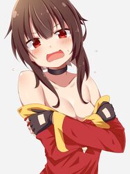  black_choker black_gloves blush breasts brown_hair choker commentary_request dou-t dress female fingerless_gloves flying_sweatdrops frown gloves grey_background highres kono_subarashii_sekai_ni_shukufuku_wo! long_dress looking_at_viewer megumin off-shoulder_dress off_shoulder open_mouth partial_commentary red_dress red_eyes short_hair_with_long_locks simple_background small_breasts solo sweatdrop upper_body 