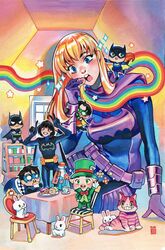  3boys 3girls absurdres alice_in_wonderland animification barbara_gordon batgirl batman batman_(series) belt black_eyes black_hair bodysuit bookshelf bottle bow breasts bruce_wayne cake candy cassandra_cain cheshire_cat_(alice_in_wonderland) chibi comic_cover cork cover_image crossed_arms cup dc_comics dick_grayson double_v english_commentary food gouache_(medium) green_eyes green_headwear green_jacket green_pants hair_behind_ear hat head_tilt heart highres holding holding_cup jacket mad_hatter_(dc) medium_breasts mini_person miniboy minigirl multiple_boys multiple_girls nightwing official_art painting_(medium) pants purple_belt rabbit rainbow red_bow rian_gonzales robin_(dc) sitting smile sparkle star_(symbol) stephanie_brown table teacup tim_drake top_hat traditional_media v yellow_belt 