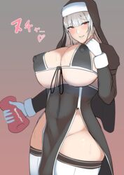  absurdres artificial_vagina blush breasts commentary covered_nipples female gloves grey_hair habit highres holding holding_sex_toy huge_breasts long_sleeves looking_at_viewer nun original red_eyes sex_toy smile solo sweat tatsu_(user_rjes8545) thick_thighs thighhighs thighs translation_request white_gloves 