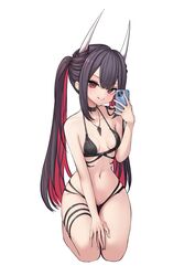  azur_lane bikini black_bikini black_choker black_hair breasts cellphone choker collarbone colored_inner_hair defaultkavy demon_horns female hatsuzuki_(august&#039;s_first_romance)_(azur_lane) hatsuzuki_(azur_lane) head_tilt highres holding holding_phone horns jewelry kneeling licking_lips looking_at_viewer multicolored_hair navel necklace official_alternate_costume phone red_eyes red_hair seiza simple_background sitting small_breasts smartphone solo stomach swimsuit thigh_strap tongue tongue_out twintails two-tone_hair white_background 