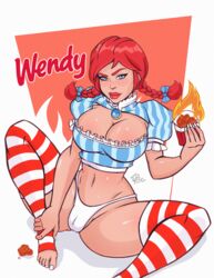  absurdres blue_eyes braid breasts cameltoe character_name cleavage curvy feet female food freckles highres huge_breasts looking_at_viewer medium_hair panties red_hair signature simple_background solo striped_clothes striped_thighhighs terryalec thick_thighs thighhighs thighs twin_braids underwear watermark wendy&#039;s wendy_(wendy&#039;s) 