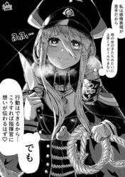  absurdres azur_lane bismarck_(azur_lane) blush breasts cleavage commentary_request female gloves greyscale hat heart heart-shaped_pupils highres holding holding_knife knife large_breasts long_hair looking_at_viewer mikuri_kamazirou military military_hat military_uniform monochrome rope smile solo speech_bubble symbol-shaped_pupils translated uniform yandere 