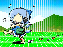  ._. audio_visualizer bag barefoot blouse blue_bow blue_dress blue_hair bow candy cirno clenched_hands collared_shirt dress eyebrows falling female food hairbow headphones ice ice_wings lolicon musical_note pon_(0737) satchel shirt short_hair solo touhou walking whistle wings 