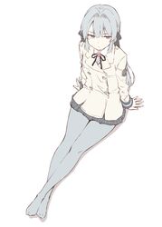  absurdres arm_support beige_jacket black_ribbon buttons closed_mouth collared_shirt commentary_request crossed_ankles double-breasted drop_shadow emblem female from_above frown full_body gochisousama_(tanin050) grey_eyes grey_hair grey_pantyhose grey_skirt hair_between_eyes hair_intakes hair_ribbon highres jacket jitome legs_together long_hair long_sleeves looking_at_viewer looking_up miniskirt neck_ribbon no_shoes pantyhose plaid plaid_skirt pleated_skirt ribbon school_uniform shirt shoujo_kageki_revue_starlight shoujo_kageki_revue_starlight_-re_live- simple_background sitting skirt solo white_background white_shirt yukishiro_akira 