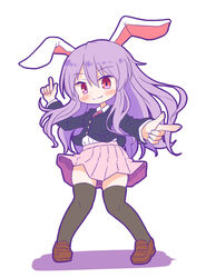  animal_ears arinu black_thighhighs blazer blouse buttons collared_shirt commentary_request double_finger_gun female finger_gun highres jacket light_purple_hair long_hair long_sleeves necktie pink_skirt pleated_skirt purple_hair rabbit_ears red_eyes red_necktie reisen_udongein_inaba shirt shoes simple_background skirt smile solo thighhighs touhou white_background white_shirt 