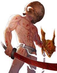  1boy absurdres areolae biceps blood blood_on_weapon blood_splatter contrapposto elden_ring helmet highres holding holding_helmet holding_sword holding_weapon katana let_me_solo_her male_focus malenia_blade_of_miquella muscular muscular_male pectorals planted planted_sword pot_on_head simple_background solo standing sword tarnished_(elden_ring) topless_male towerknight_art weapon white_background winged_helmet 