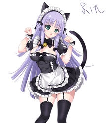  :o absurdres alternate_costume animal_ears apron aqua_eyes artist_name assault_lily bad_id bad_pixiv_id banshouya_ena bell black_bow black_bowtie black_dress black_thighhighs blunt_bangs blunt_ends blush bow bowtie breasts buttons cat_ears cat_tail cleavage commentary_request contrapposto dress dress_bow enmaided fake_animal_ears fake_tail feet_out_of_frame female frilled_apron frilled_dress frilled_sleeves frills garter_straps hairbow hands_up head_tilt highres jingle_bell long_hair looking_at_viewer maid maid_headdress medium_breasts neck_bell open_mouth paw_pose puffy_short_sleeves puffy_sleeves purple_hair rin_(rinnoatorie) short_dress short_sleeves sidelocks simple_background solo standing tail tail_raised thighhighs very_long_hair waist_apron white_apron white_background wrist_cuffs zettai_ryouiki 