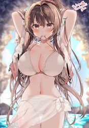  absurdres bare_arms bare_shoulders bikini blush breasts brown_eyes brown_hair cleavage closed_mouth collarbone commission cowboy_shot female hair_between_eyes hands_in_hair highres kantai_collection large_breasts long_hair looking_at_viewer navel skeb_commission smile solo swimsuit very_long_hair white_bikini yam_(yamap_mako) yamato_(kancolle) 