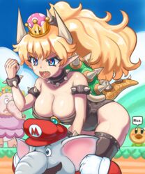  absurdres alternate_form armlet bare_shoulders bent_over black_leotard blonde_hair blue_eyes bowsette bracelet breasts carrying carrying_person cleavage collar crown day dress elephant_mario elephant_peach english_text facial_hair female hand_up hat highres horns jewelry large_breasts leotard long_hair long_sleeves looking_at_another mario mario_(series) moustache new_super_mario_bros._u_deluxe open_mouth outdoors pointy_ears princess_peach profitshame red_pupils sharp_teeth spiked_armlet spiked_bracelet spiked_collar spiked_shell spiked_tail spikes strapless strapless_leotard super_crown super_mario_bros._wonder tail talking_flower_(mario) teeth thighhighs turtle_shell v-shaped_eyebrows very_long_hair wide-eyed 