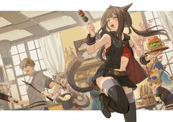  2girls 3boys :d akabane_yu animal_ears apron baguette bandeau bare_shoulders belt black_footwear black_jacket black_legwear black_skirt blue_eyes blunt_bangs braid bread brown_hair burger cat_ears cat_girl cat_tail curtains facial_mark final_fantasy final_fantasy_xiv food food_on_face foot_up frying_pan grey_apron herb_bundle holding holding_cooking_pot holding_food holding_frying_pan holding_tray hyur indoors jacket kebab lalafell long_hair looking_at_another low_twintails miniskirt miqo&#039;te multiple_boys multiple_girls navel pot pouch red_bandeau shoes short_hair side_braids sidelocks skirt sleeveless sleeveless_jacket slit_pupils smile solo_focus tail thighhighs tray twintails warrior_of_light_(ff14) window wrist_cuffs yellow_eyes 