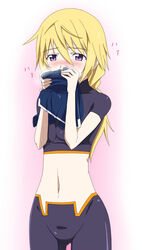  bike_shorts blonde_hair blush breasts charlotte_dunois female groin infinite_stratos large_breasts long_hair navel ponytail purple_eyes smelling smelling_clothes solo yoshida_keiji 