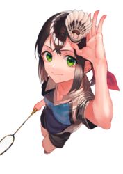  badminton badminton_racket black_hair bow breasts female green_eyes hairbow hanebado! hanesaki_ayano highres holding holding_racket racket shorts shuttlecock small_breasts solo sportswear standing ukimesato white_background 