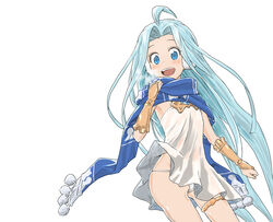  :d blue_eyes blue_hair dress earmuffs female granblue_fantasy long_hair looking_at_viewer lyria_(granblue_fantasy) oni_b open_mouth panties scarf simple_background smile solo underwear white_background 