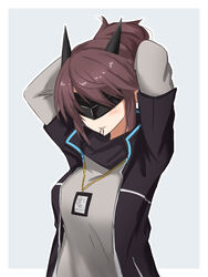  adjusting_hair arknights arms_behind_head arms_up black_jacket black_scarf blush border brown_hair female grey_shirt hair_tie_in_mouth id_card jacket lanyard long_hair long_sleeves maiq06 mouth_hold one-hour_drawing_challenge open_clothes open_jacket outside_border ponytail scarf shirt short_sleeves solo tying_hair upper_body white_border yato_(arknights) 