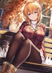  aged_up alternate_breast_size animal arm_behind_back autumn autumn_leaves bench black_pantyhose blurry blurry_background blush boots breasts brown_footwear brown_pantyhose building buttons closed_mouth commentary_request day depth_of_field dutch_angle female fine_fabric_emphasis flower from_below gochuumon_wa_usagi_desu_ka? hair_between_eyes hair_flower hair_ornament hairclip hand_on_own_leg head_tilt highres hoto_cocoa jacket ks_(xephyrks) lapels large_breasts leaf legs legs_together light_particles light_rays long_sleeves looking_at_viewer medium_hair miniskirt on_bench orange_hair outdoors panties panties_under_pantyhose panty_peek pantyhose plaid plaid_jacket pleated_skirt pocket purple_eyes rabbit red_jacket ribbed_sweater sitting skirt smile solo sweater turtleneck turtleneck_sweater underwear white_sweater window 