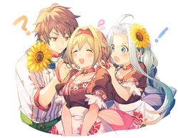  ! 1boy 2girls ? a082 ahoge blonde_hair blue_eyes blue_hair blush braid brown_eyes brown_hair closed_eyes collar commentary_request djeeta_(granblue_fantasy) dress flower gran_(granblue_fantasy) granblue_fantasy hair_flower hair_ornament hair_ribbon headband long_hair lyria_(granblue_fantasy) multiple_girls puffy_short_sleeves puffy_sleeves ribbon short_hair short_sleeves sunflower white_background 