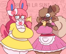  2023 anthro big_breasts blue_eyes breasts brown_body brown_fur brown_hair chile clothing dress duo eating eating_food eeveelution empanada eyewear female fiestas_patrias_(chile) food fur generation_6_pokemon generation_7_pokemon glasses hair happy hi_res huge_breasts javisylveon_(mintyspirit) long_hair luneiumbreon_(mintyspirit) mintyspirit nerd nintendo open_mouth pastry petra_(kiss_the_carrot) pink_hair pokemon pokemon_(species) red_eyewear red_glasses rockruff slightly_chubby smile sunnyleafeon_(mintyspirit) sylveon thick_thighs twintails wide_hips 