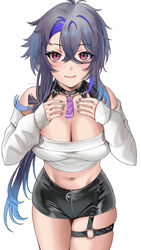  absurdres ahoge azur_lane bare_shoulders belt black_collar black_shorts blush breasts buko_(bukosuki) cleavage closed_mouth collar collarbone commentary cowboy_shot cropped_sweater crossed_bangs female foch_(azur_lane) foch_(rainbow_rendezvous)_(azur_lane) grey_hair groin hair_between_eyes hair_over_shoulder hands_on_own_chest high-waist_shorts highres large_breasts latex_shorts long_hair looking_at_viewer midriff multicolored_hair multicolored_nails nail_art nail_polish navel o-ring o-ring_belt off-shoulder_sweater off_shoulder official_alternate_costume pink_eyes purple_hair shorts sidelocks signature simple_background skindentation sleeves_past_wrists smile solo standing sweater white_background white_sweater 