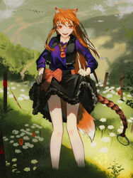  :d absurdres animal_ears bare_legs bird black_skirt cloud commentary feet_out_of_frame female flock flower grass highres holo legs long_hair long_sleeves looking_at_viewer mackia nature open_mouth orange_hair outdoors purple_shirt red_eyes shirt skirt skirt_hold smile solo spice_and_wolf straight-on sunlight tail white_flower wolf_ears wolf_girl wolf_tail 