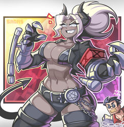  1boy absurdres armband black_horns breasts dark_skin demon_girl demon_horns demon_tail duplicate evil_grin evil_smile female floating_hair gauntlets glaring grin helltaker helltaker_(character) highres horns hostage judgement_(helltaker) korean_commentary midriff pixel-perfect_duplicate sagas293 sharp_teeth sidelocks smile tail teeth white_background white_eyes 