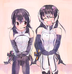  2girls african_penguin_(kemono_friends) black_hair boots closed_mouth gloves hanada_(cobalt003) highres humboldt_penguin_(kemono_friends) kemono_friends kemono_friends_v_project long_hair looking_at_viewer microphone multicolored_hair multiple_girls open_mouth shirt short_hair simple_background sitting skirt smile straight_hair virtual_youtuber 