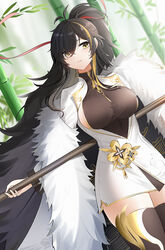  azur_lane bamboo black_bodysuit black_hair blonde_hair bodysuit bodysuit_under_clothes breasts brown_thighhighs chinese_commentary closed_mouth coat commentary_request cowboy_shot dress dutch_angle female fur-trimmed_coat fur_trim gold_trim hair_over_one_eye hair_ribbon harbin_(azur_lane) highres holding holding_polearm holding_weapon large_breasts long_hair long_sleeves looking_at_viewer mole mole_under_eye multicolored_hair polearm polearm_behind_back ponytail qing_wu red_hair red_ribbon ribbon short_dress sideboob sidelocks solo standing swept_bangs thighhighs thighs turtleneck very_long_hair weapon white_dress yellow_eyes zettai_ryouiki 