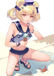  :q animal animal_ears arknights bad_id bad_pixiv_id bare_arms bare_shoulders bear_ears bikini bikini_skirt blonde_hair bow breasts closed_mouth collarbone crab crop_top female food gummy_(arknights) gummy_(summer_flowers)_(arknights) hair_ornament hairbow hairclip hat holding ice_cream looking_at_viewer medium_breasts midriff mokyumokyuchan nail_polish official_alternate_costume red_eyes red_nails revision sailor_bikini sailor_collar sailor_hat sandals shadow shirt short_hair sleeveless sleeveless_shirt smile solo squatting swimsuit thighs tongue tongue_out twintails white_hat white_shirt 