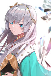  anastasia_(fate) bebe_(bebe_pp) blue_eyes blue_nails blush cape commentary_request doll dress fate/grand_order fate_(series) female grey_hair hair_between_eyes hair_over_one_eye hairband highres holding jewelry long_hair looking_at_viewer royal_robe signature smile solo very_long_hair viy_(fate) white_dress 