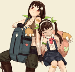  2girls abs absurdres age_difference aged_up backpack bag bakemonogatari bandaged_arm bandages bandaid bandaid_on_knee bandaid_on_leg bandaid_on_shoulder bare_shoulders belt between_legs black_gloves black_hair black_pants blouse blue_skirt boots breasts brown_footwear brown_sports_bra cargo_pants chinese_commentary cleavage closed_eyes closed_mouth collarbone commentary dual_persona feet_out_of_frame fingerless_gloves gloves green_belt green_bracelet green_pants green_ribbons hachikuji_mayoi hair_ornament hair_ribbon hairband hairclip hand_between_legs head_tilt height_difference highres kabukimonogatari knee_boots knees_together_feet_apart leaning_on_person leaning_to_the_side light_blush lolicon long_hair looking_at_another looking_to_the_side medium_breasts midriff monogatari_(series) multiple_girls pants parted_lips pleated_skirt ponytail red_eyes ribbon school_uniform shirt short_sleeves side-by-side simple_background sitting skirt sleeping snail_hair_ornament solipsist sports_bra spread_legs stuffed_toy suspender_skirt suspenders twintails two-tone_pants white_background white_hairband white_shirt 