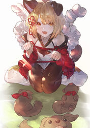  :3 :d absurdres animal_ears armpit_crease bare_shoulders betabeet black_pantyhose blonde_hair braid braided_bangs canine collarbone dog_ears dog_girl dog_tail erune female flower_knot gold_trim granblue_fantasy hair_ornament highres light_rays looking_at_viewer looking_up oerba_yun_fang off_shoulder open_mouth orange_eyes pantyhose paw_pose puppy rope seiza shimenawa short_hair single_braid sitting smile solo sunbeam sunlight tail vajra_(granblue_fantasy) 