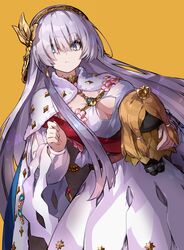  anastasia_(fate) blue_cloak blue_eyes breasts cape choker cloak commentary_request crown doll earrings fate/grand_order fate_(series) female fur_trim grey_hair hair_over_one_eye hairband holding holding_doll jewelry long_hair long_sleeves looking_at_viewer mini_crown ramuya_(lamb) revision royal_robe sash solo visible_air viy_(fate) 