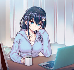  40hara black_hair blue_eyes computer cup elbow_rest female fujita_ayano_(40hara) hand_on_own_cheek hand_on_own_face head_rest highres holding holding_cup indoors laptop long_hair mug original sitting solo 