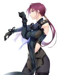  bazett_fraga_mcremitz between_breasts black_bodysuit black_gloves blue_bodysuit blue_necktie bodysuit breasts closed_mouth commentary exercising fate/grand_order fate_(series) female gloves highres large_breasts long_hair long_sleeves looking_at_viewer low_ponytail manannan_mac_lir_(fate) manannan_mac_lir_(second_ascension)_(fate) mole mole_under_eye necktie necktie_between_breasts okonon_(kado_colda) pelvic_curtain purple_eyes purple_hair serious simple_background solo two-tone_bodysuit white_background 