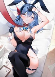  :o absurdres ako_(blue_archive) alternate_costume animal_ears arm_up armpits bare_shoulders black_gloves black_hairband black_leotard black_thighhighs blue_archive blue_bow blue_bowtie blue_eyes blue_hair blush bow bowtie breasts chinatsu_(blue_archive) cleavage collar covered_navel detached_collar fake_animal_ears fake_tail female garter_straps gloves hair_ornament hairband half_gloves highres hina_(blue_archive) iori_(blue_archive) large_breasts leash leotard looking_at_viewer lying medium_hair on_back open_mouth playboy_bunny prefect_team_(blue_archive) rabbit_ears rabbit_tail red_collar solo strapless strapless_leotard tail thighhighs thighs wrist_cuffs yukineko1018 