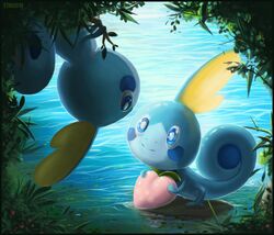  2019 amphibian berry blue_body blue_eyes blue_markings duo food fruit generation_8_pokemon grass holding_object leaf markings nintendo pecha_berry plant pokemon pokemon_(species) pokemon_berry smile sobble vampi water 