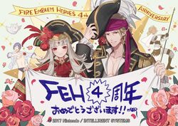  2boys 2girls anniversary bandana blonde_hair catherine_(fire_emblem) feh_(fire_emblem_heroes) fire_emblem fire_emblem_heroes flag flower grey_hair hat lorenz_hellman_gloucester lorenz_hellman_gloucester_(summer) male_swimwear multiple_boys multiple_girls official_art open_clothes open_shirt p-nekor pirate pirate_costume pirate_hat purple_hair swim_briefs veronica_(fire_emblem) veronica_(pirate)_(fire_emblem) xander_(fire_emblem) xander_(pirate)_(fire_emblem) 