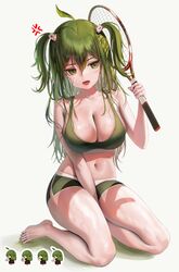  absurdres ahoge anger_vein animal_hair_ornament bare_arms bare_shoulders barefoot between_legs breasts chibi cleavage collarbone crop_top cup dolphin_shorts drinking fangs female full_body green_eyes green_hair green_nails green_shorts green_sports_bra hair_between_eyes hair_ornament hand_between_legs highres holding holding_cup kneeling large_breasts leaf leaf_on_head long_hair looking_to_the_side md5_mismatch midriff multiple_views myabit navel open_mouth original racket short_shorts shorts sleeveless sports_bra sportswear stomach sweat teacup tennis_racket thighs two_side_up underwear white_background 