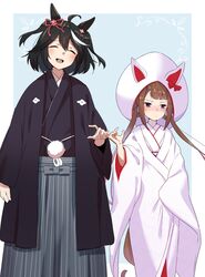  2girls :d absurdres animal_ears black_hair black_kimono blue_background blush bride brown_hair closed_eyes closed_mouth commentary_request date_pun feet_out_of_frame grey_hakama groom haibarasaika hair_between_eyes hair_rings hakama hakama_skirt head_tilt highres horse_ears horse_girl horse_tail japanese_clothes kimono kitasan_black_(umamusume) long_sleeves multicolored_hair multiple_girls nose_blush number_pun open_clothes pinky_out purple_eyes skirt smile standing streaked_hair striped sweat sweep_tosho_(umamusume) tail twintails two-tone_background two_side_up uchikake umamusume vertical_stripes wataboushi white_background white_hair white_kimono wide_sleeves wife_and_wife yuri 