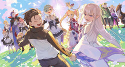  4boys 6+girls :d bare_shoulders beatrice_(re:zero) black_footwear blonde_hair blue_eyes blue_hair blush boots braid brown_footwear brown_hair capelet closed_eyes closed_mouth cloud commentary_request crown day dress drill_hair emilia_(re:zero) falling_petals feline flower frederica_baumann fur-trimmed_capelet fur_trim garfiel_tinsel grass grey_hair hair_ribbon hand_up happy highres holding_hands jacket long_hair lower_teeth_only maid mini_crown multiple_boys multiple_girls natsuki_subaru open_mouth otto_suewen outdoors pants pantyhose parted_bangs parupin patrasche_(re:zero) petals petra_leyte pointy_ears puck_(re:zero) purple_eyes ram_(re:zero) re:zero_kara_hajimeru_isekai_seikatsu red_capelet red_ribbon rem_(re:zero) ribbon roswaal_l._mathers roswaal_mansion_maid_uniform shoes short_hair sidelocks sky smile standing striped_clothes striped_pantyhose sun symbol-shaped_pupils teeth tongue track_jacket twin_drills twintails white_flower white_legwear wide_sleeves 