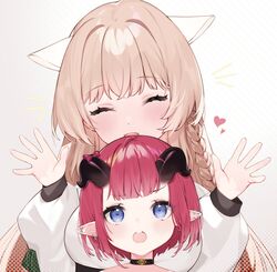  2girls alpaca_ears alpaca_girl animal_ears blue_eyes braid choker commentary highres horns hoshi_usagi indie_virtual_youtuber long_hair long_sleeves multiple_girls nakamiya_rie open_mouth pointy_ears puffy_long_sleeves puffy_sleeves red_hair sophiel_paka symbol-only_commentary virtual_youtuber 