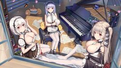  3girls anchor_choker apron arm_up azur_lane between_breasts bird black_dress black_footwear black_nails black_ribbon blue_hair blunt_bangs blurry book book_stack bookshelf breasts bug butterfly cake candle chick cleavage cleavage_cutout closed_mouth clothing_cutout commentary day detached_sleeves dido_(azur_lane) dress flower food formidable_(azur_lane) frilled_apron frills from_above hair_between_eyes hair_ribbon hairband hand_up haneru highres indoors instrument knee_up lace-trimmed_hairband lace_trim large_breasts long_hair looking_at_viewer manjuu_(azur_lane) multiple_girls nail_polish no_shoes open_window pantyhose petals piano pink_eyes puffy_short_sleeves puffy_sleeves red_eyes ribbon ribbon-trimmed_legwear ribbon_trim short_hair short_sleeves sirius_(azur_lane) sitting sleeveless thighhighs two-tone_dress two-tone_ribbon underboob underboob_cutout waist_apron white_apron white_dress white_hair white_pantyhose white_ribbon white_thighhighs window wooden_floor 