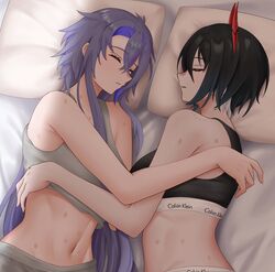  2girls ^_^ afterglow azur_lane bare_arms bare_shoulders bed_sheet bite_mark black_hair black_sports_bra calvin_klein closed_eyes crop_top foch_(azur_lane) grey_sports_bra groin hickey highres jakqbigone long_hair lying midriff multiple_girls navel on_back pillow product_placement purple_hair short_hair sleeping sports_bra stomach ulrich_von_hutten_(azur_lane) underwear_writing upper_body very_long_hair yuri 