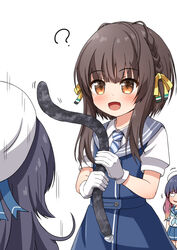  3girls ? anal_tail blue_dress blue_neckerchief blue_sailor_collar braid brown_eyes brown_hair butt_plug comiching commentary_request diagonal-striped_clothes diagonal-striped_necktie dress fake_tail gloves gradient_hair hair_ribbon hat highres holding holding_sex_toy kantai_collection matsuwa_(kancolle) multicolored_hair multiple_girls neckerchief necktie orange_hair purple_hair ribbon sailor_collar sailor_hat school_uniform serafuku sex_toy shirt short_hair short_hair_with_long_locks short_sleeves side_braids sidelocks standing striped_clothes striped_necktie tail tsushima_(kancolle) ukuru_(kancolle) white_gloves white_headwear white_shirt 