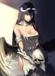  ahoge ainz_ooal_gown albedo_(overlord) bed_sheet black_hair black_wings breasts cleavage closed_mouth detached_collar dress elbow_gloves feathered_wings female gloves highres hip_vent horns large_breasts long_hair looking_down overlord_(maruyama) rausu_(undeadmachine) sitting skull sleeveless sleeveless_dress slit_pupils smile solo very_long_hair white_dress white_gloves wings yellow_eyes 