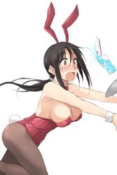  animal_ears black_hair black_pantyhose blush bow bowtie breasts brown_eyes cherry commentary_request constricted_pupils covered_navel cup detached_collar drinking_glass drinking_straw fake_animal_ears fake_tail female food frown fruit highres kitano_(zekkyon) large_breasts leaning_forward leotard long_hair low_ponytail open_mouth original pantyhose playboy_bunny rabbit_ears rabbit_tail red_bow red_bowtie red_leotard sidelocks simple_background solo spilling standing strapless strapless_leotard tail tray tripping white_background wrist_cuffs zekkyon 