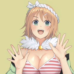  :d arms_up bare_shoulders blush breasts camisole cleavage collarbone detached_collar female fur_collar green_eyes green_kimono hachimaki hair_between_eyes hair_ornament hairclip hanabi_(senran_kagura) headband japanese_clothes kimono large_breasts lemonrou looking_at_viewer night night_sky open_mouth orange_hair palms red_stripes senran_kagura senran_kagura_estival_versus short_hair simple_background sky smile solo spaghetti_strap striped tank_top teeth tongue upper_body upper_teeth_only white_headwear 